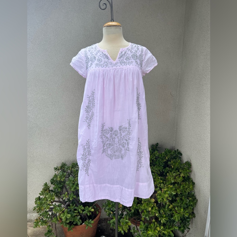 EFHaris Mykonos boho pink dress grey floral hand embroidered Sz Small